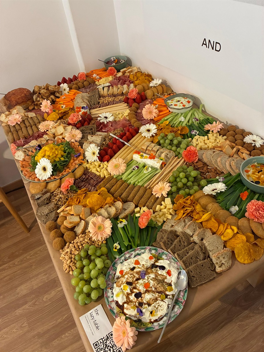 A large grazing table spread styled indoors